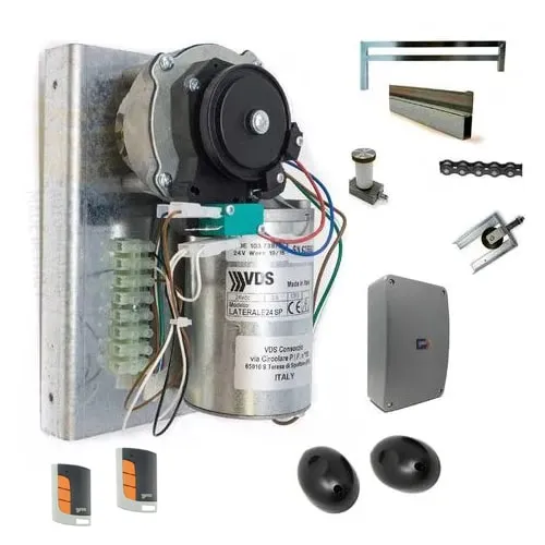 Kit motor puerta basculante contrapesada 24v guía 3 metros. Kit de motor completo con herrajes para puertas basculantes de 1 o 2 hojas contrapesadas.